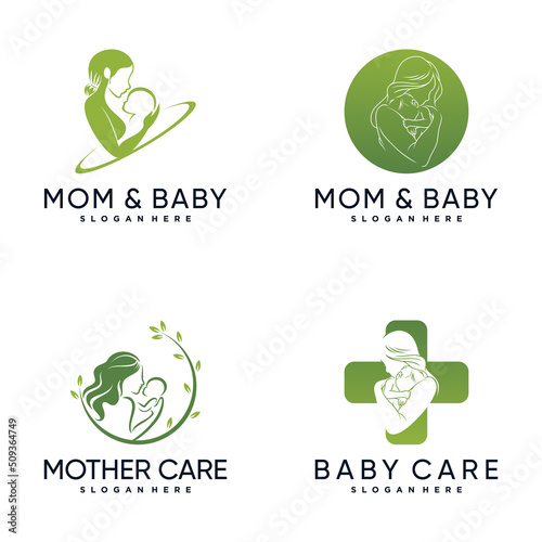 Set bundle of mom and baby logo design inspiration with creative concept Premium Vector