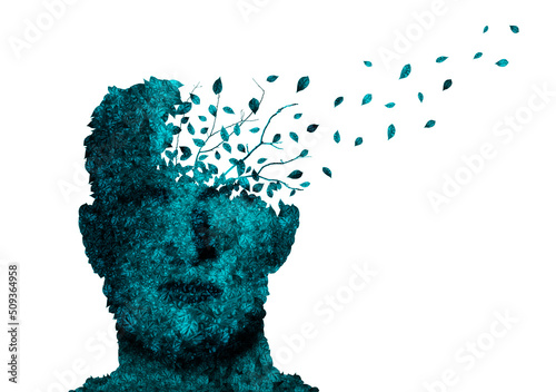 Dementia concept. Illustration of blue head shaped plant losing leaves on white background photo