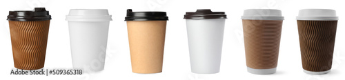 Set with paper coffee cups with lids on white background. Banner design