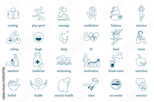 wellness icon set reading, sport, massage, meditation, balance, exercise, riding, laughing, sleeping, fit, food, music, sanitizer, medicine, swimming, motivation, water, nutrition, herbal, health, 