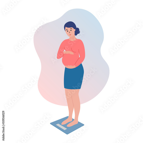 Pregnant on scales. Pregnancy weight gain. Woman standing on electronic scales. Expectant mother weighing. Flat vector illustration