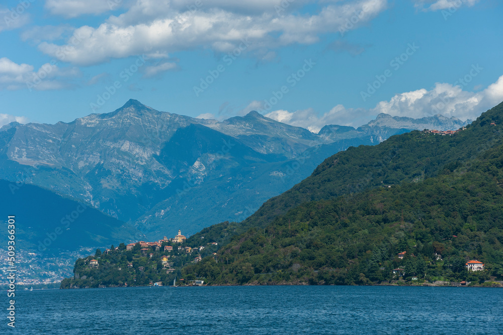 Landscape with a view from Cannobio over Lake Maggiore in northern Italy