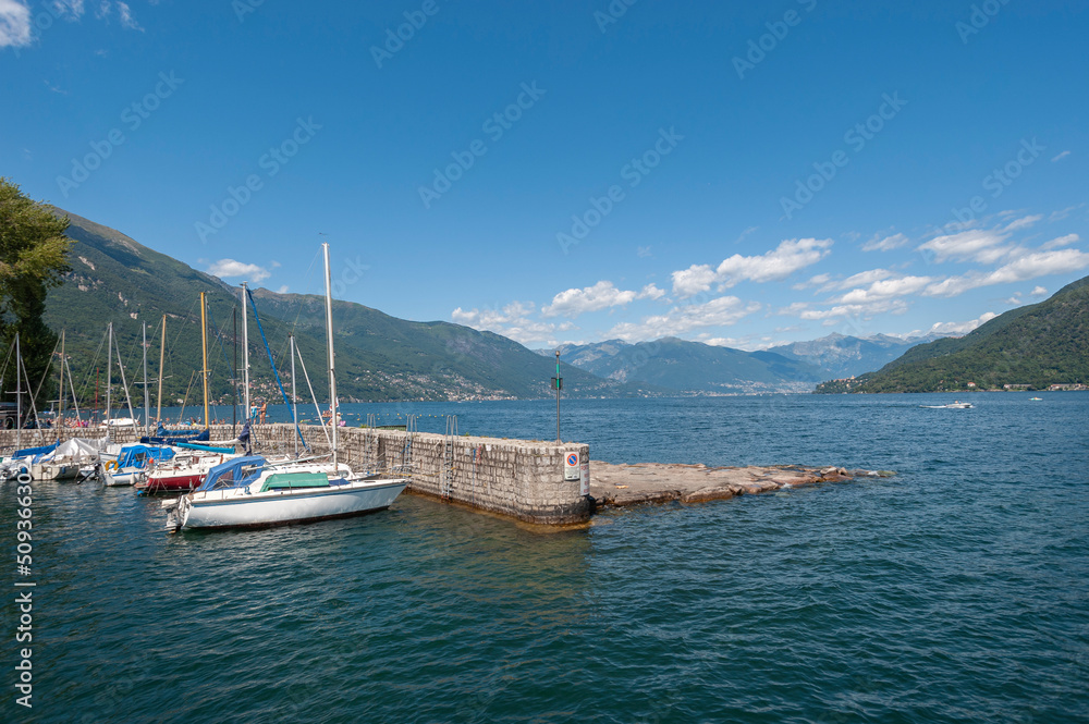 Landscape and port Lido di Cannobio on Lake Maggiore in northern Italy