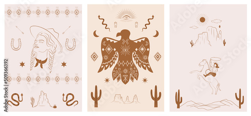 Western posters collection with desert landscape, cowgirl, horses, wild west elements, cactus. Editable vector illustration.