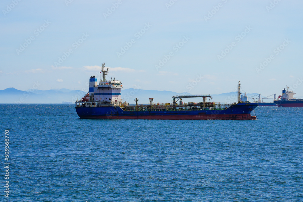 Maritime oil tanker in the strait of Gibraltar heading towards the port of Algésiras in the South of Spain