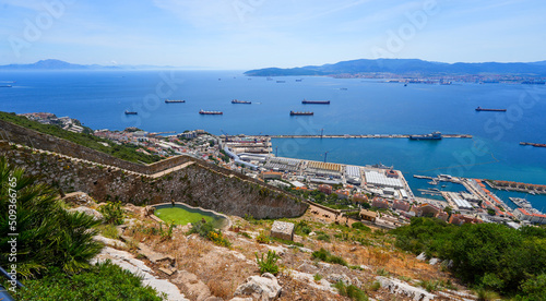Charles V wall on the slopes of the rock of Gibraltar with a view on Morocco and Algésiras across the bay