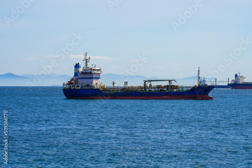 Maritime oil tanker in the strait of Gibraltar heading towards the port of Alg  siras in the South of Spain