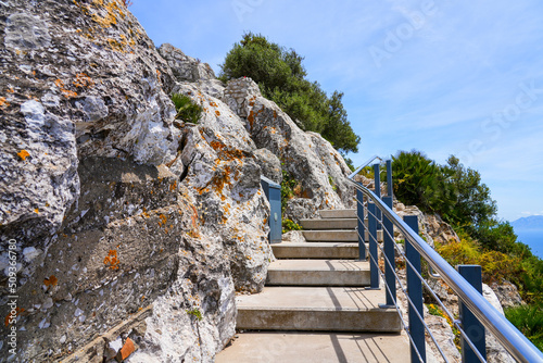Steep walking path with stairs on the top of the Rock of Gibraltar in the south of Spain