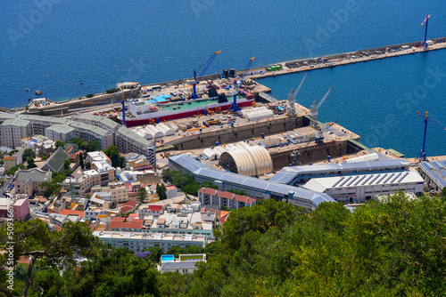 Aerial view of the harbor of Gibraltar as seen from the top of the rock of Gibraltar in the south of Spain