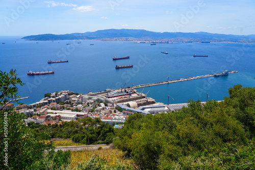 Aerial view of the harbor of Gibraltar as seen from the top of the rock of Gibraltar in the south of Spain, across the bay from Algésiras