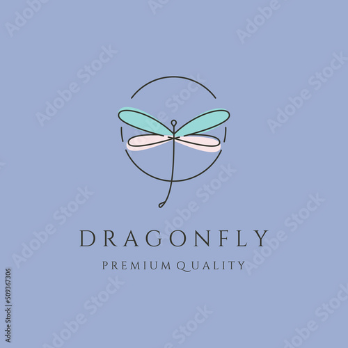 dragonfly icon with blue and pink wings line art logo vector symbol illustration design