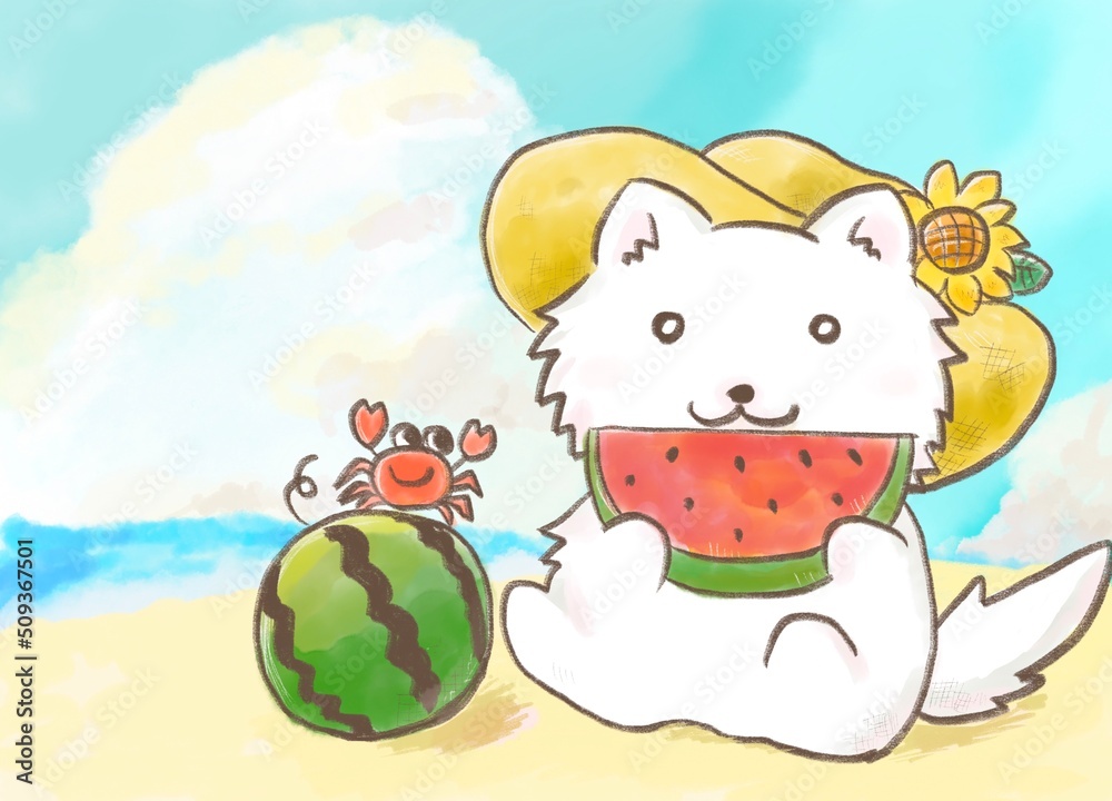 海辺でスイカを食べる犬 挿絵 海辺でスイカを食べる犬 挿絵