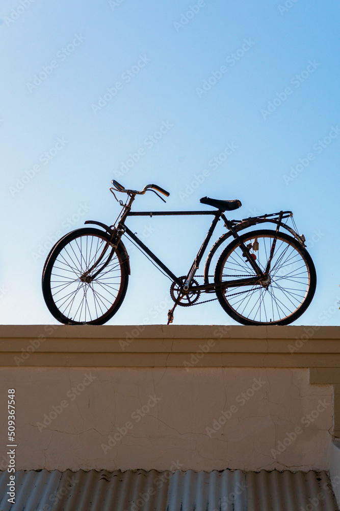 Fototapeta premium silhouetted bicycles uniquely displayed on a rooftop