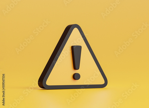 Isolate of realistic yellow triangle caution warning sing on yellow background for attention exclamation mark traffic sign by 3d render illustration.