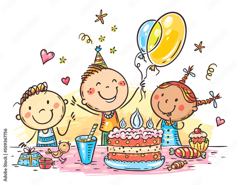 cartoon-doodle-happy-kids-birthday-party-with-a-big-cake-stock-vector
