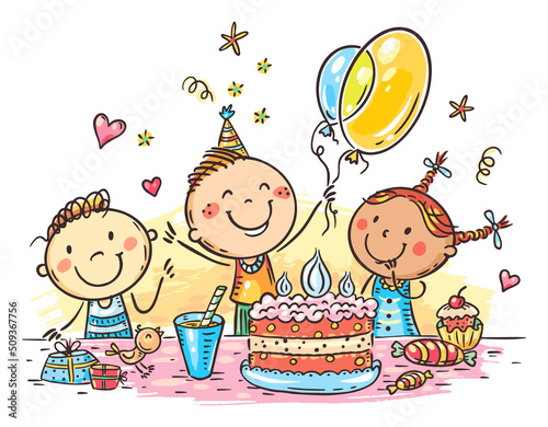 Cartoon doodle happy kids birthday party with a big cake