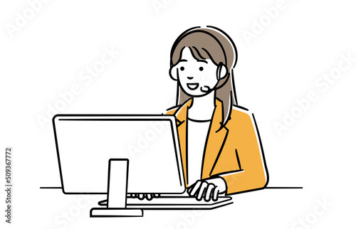 パソコンに向かって案内するオペレーターの女性のシンプルイラスト