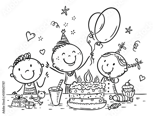 Outline illustration of kids birthday party with a big cake