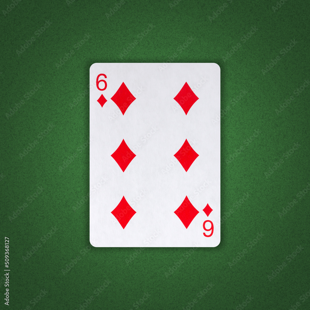 Six of Diamonds on a green poker background. Gamble. Playing cards. Six of Diamonds on a green poker background. Gamble. Playing cards.