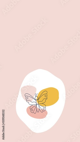 4k vertical video of cartoon butterfly in doodle style on pink background.