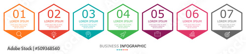 Business infographic Vector with 7 steps. Used for presentation,information,education,connection,marketing, project,strategy,technology,learn,brainstorm,creative,growth,abstract,stairs,idea,text,work.
