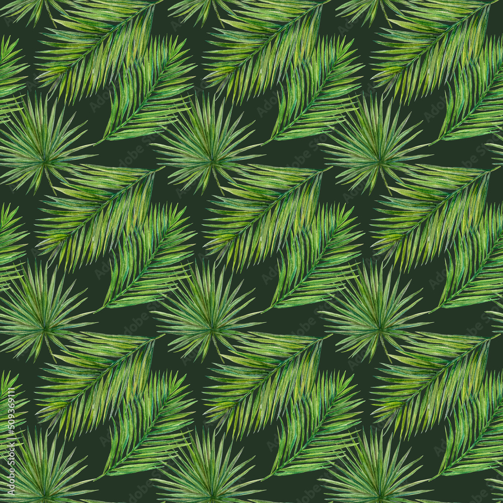 Coconut palm leaves watercolor seamless pattern