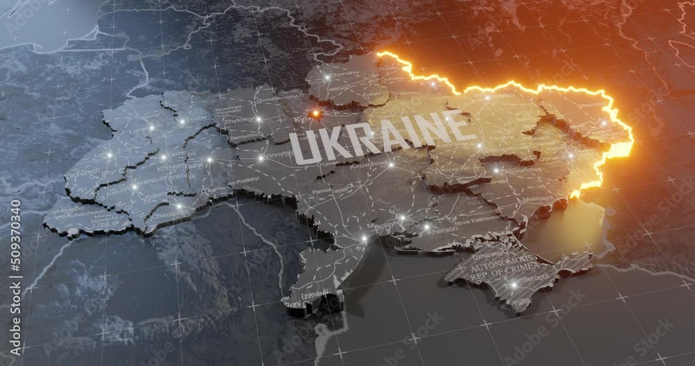 Military conflict between Ukraine and Russia. Concept map of war. cartography design. 3d render Animation