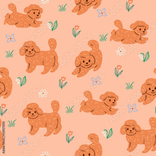 Seamless pattern with cute dogs and flowers. Vector graphics.