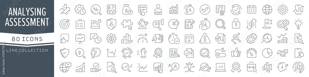 Analysis and assessment line icons collection. Big UI icon set in a flat design. Thin outline icons pack. Vector illustration EPS10 - obrazy, fototapety, plakaty 