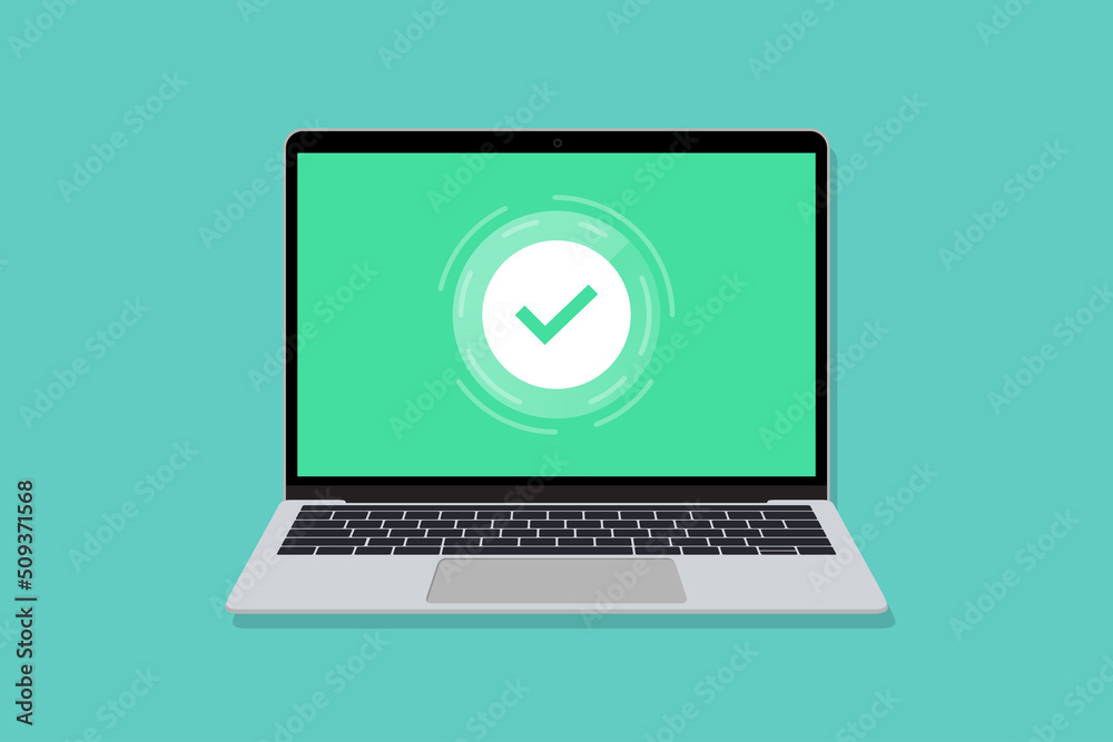 Laptop with green check in a flat design. Approved tick icon in laptop. Success operation Laptop with green check in a flat design. Approved tick icon in laptop. Success operation