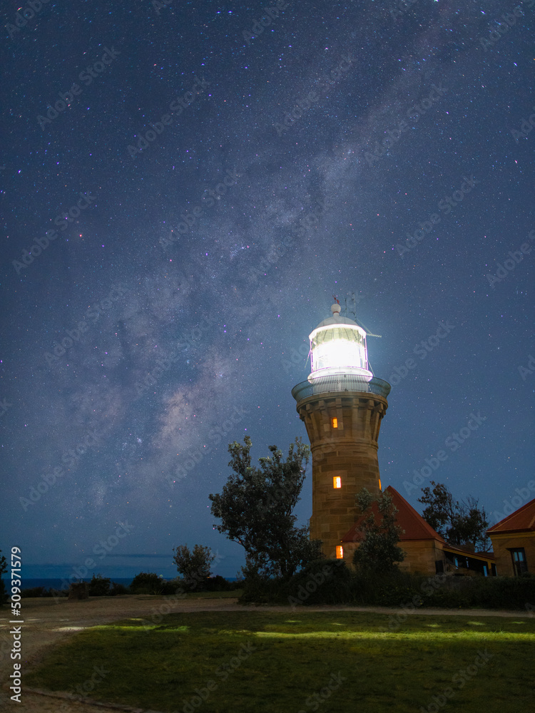 Rising milky way at Barrenjoey Lighthouse, Sydney, Australia.