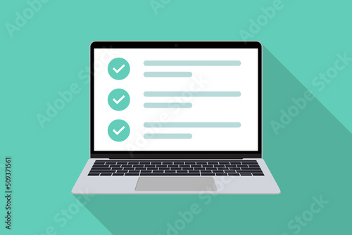 Checklist in laptop with long shadow in a flat design. Laptop screen with tick icons