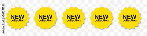 New collection labels set in yellow with shadow. Vector illustration