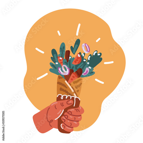 Vector illustration of hand holding delicious chicken shawarma kebab.