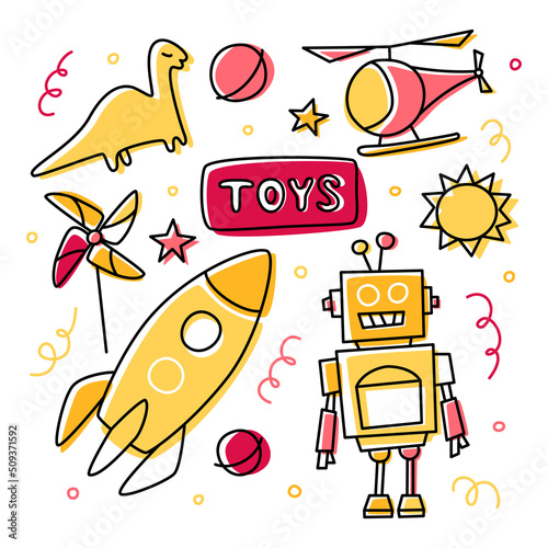 Toys doodle set. Hand drawn icons and design elements