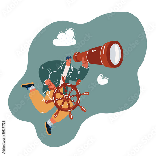 Vector illustration of man fly with ship rudder and spyglass
