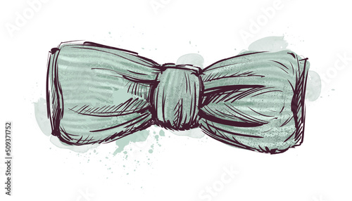Green bow tie for the groom on a white background. Wedding tie, watercolor vintage sketch