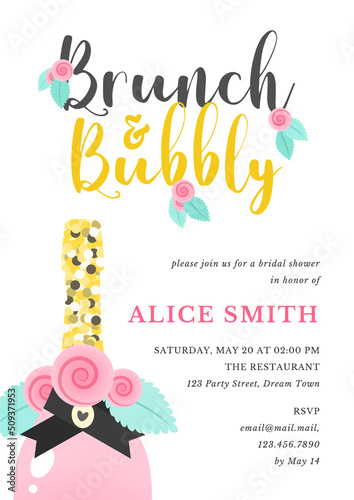 Bridal Shower invitation template. Brunch and bubbly bachelorette party background decorated with pink champagne bottle and roses. Vector 10 EPS.
