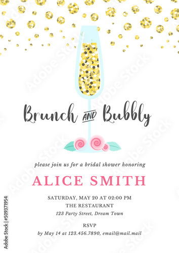 Bridal Shower invitation template. Brunch and bubbly bachelorette party background decorated with champagne glasses and roses. Vector 10 EPS.