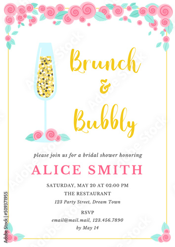 Bridal Shower invitation template. Brunch and bubbly bachelorette party background decorated with champagne glass and roses. Vector 10 EPS.