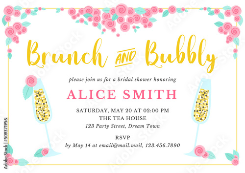 Bridal Shower invitation template. Brunch and bubbly bachelorette party background decorated with champagne glasses and roses. Vector 10 EPS.