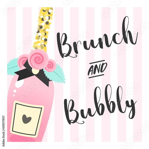 Bridal Shower invitation template. Brunch and bubbly bachelorette party background decorated with pink champagne bottle and roses. Vector 10 EPS.
