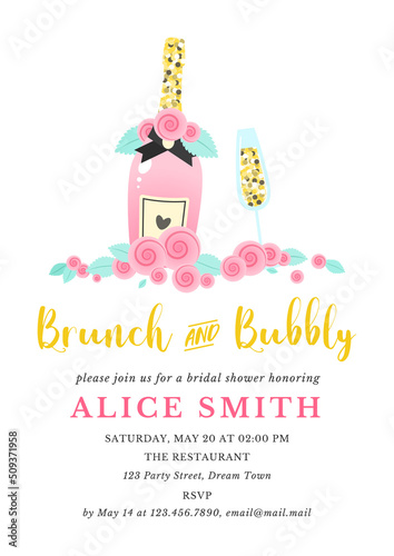 Bridal Shower invitation template. Brunch and bubbly bachelorette party background decorated with pink champagne bottle, wine glasses and roses. Vector 10 EPS.