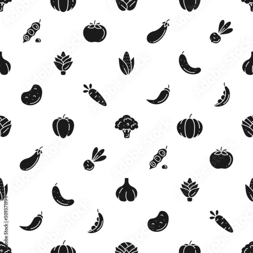 Fototapeta Naklejka Na Ścianę i Meble -  Seamless pattern with simple silhouette vegetable icons. Vector flat black and white background