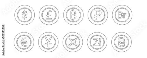 Vector illustration of black and white coins with symbols of different foreign currencies. Generic currency symbol.