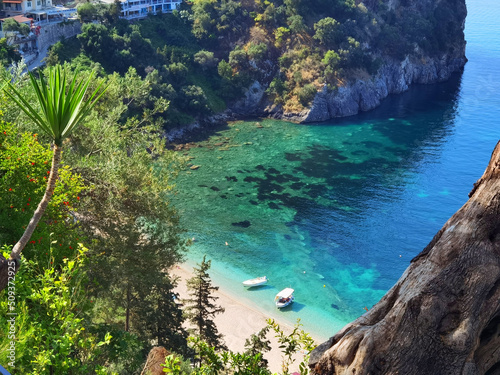 parga tourist resort in west greece, valtos beach green waters in summer holidays