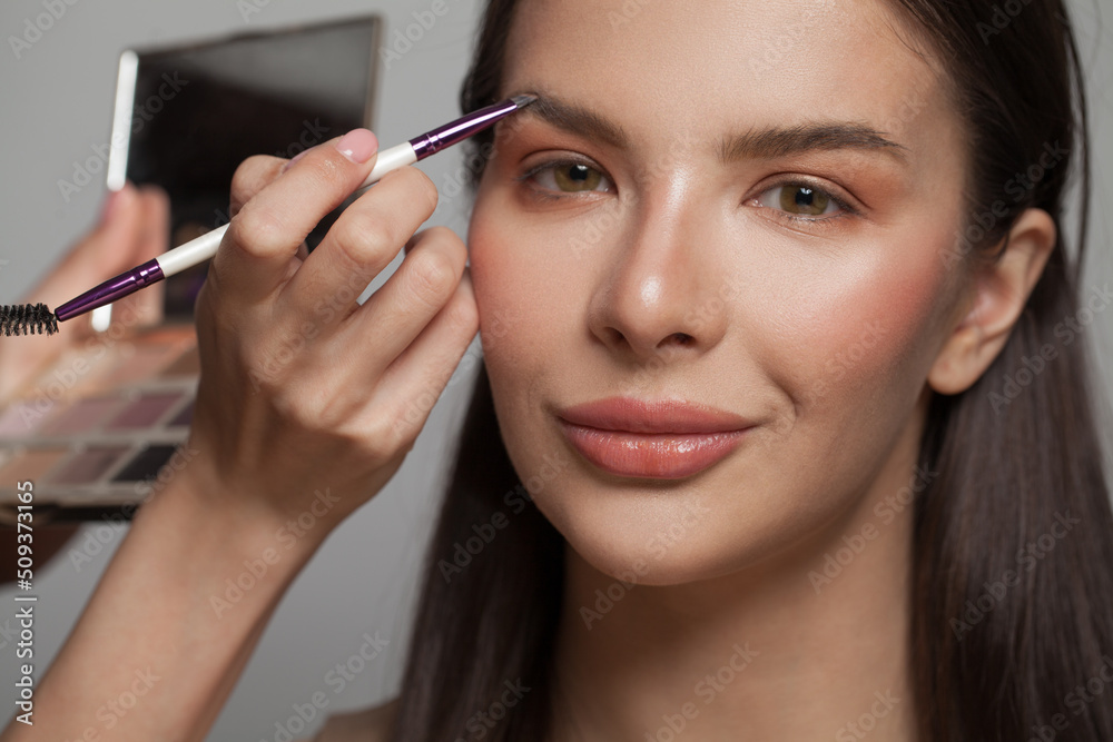 Makeup artist applies brown color shadow to a eyebrow of brunette woman. Make-up concept