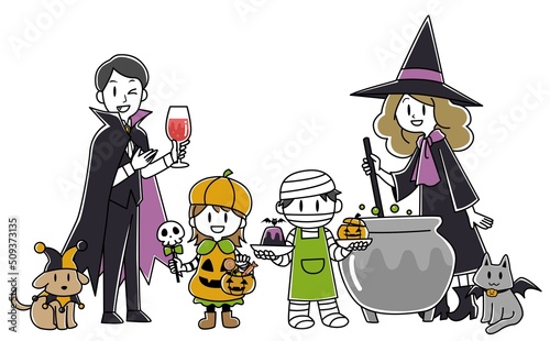 仮装をしてハロウィンパーティーをする4人家族とペットのイラスト（全身）