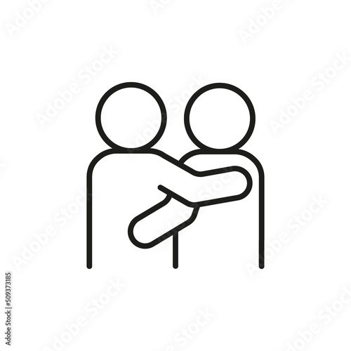 Icon people couple hug, support, empathy and compassion. Care, save personality mental, help in problem. Embrace lover, friend. Friendship, brotherhood, hope and peace. Vector line illustration photo