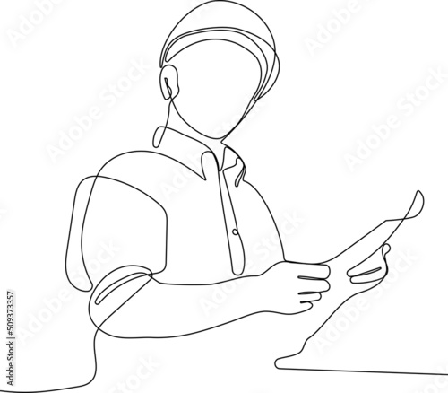Close up of young Caucasian smiling worker with helmet on head using tablet for work while standing in warehouse. Vector illustration